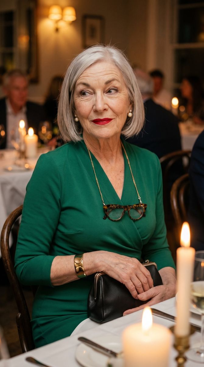 Pat at a candlelit restaurant table in a green wrap dress