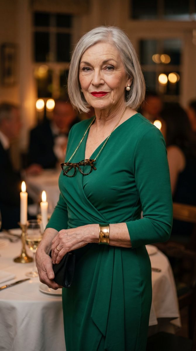 Pat standing in a restaurant in a green wrap dress and gold cuff